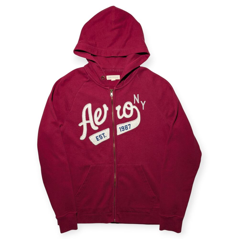 Aeropostale Y2K Zip Up Hoodie Burgundy Red Logo Graphic‎ Fleece Sweatshirt L